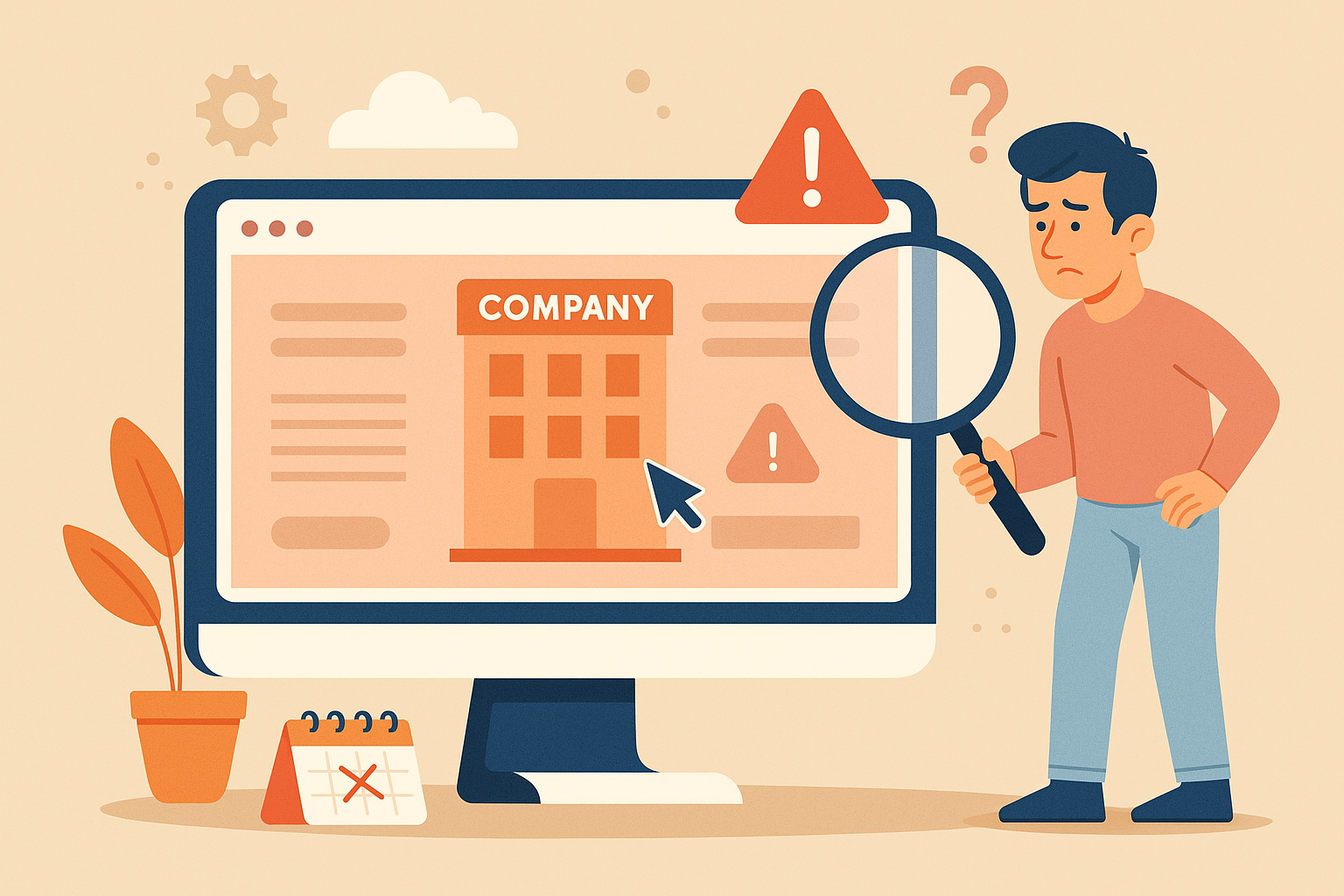 Ilustração digital de homem analisando site institucional desatualizado com lupa