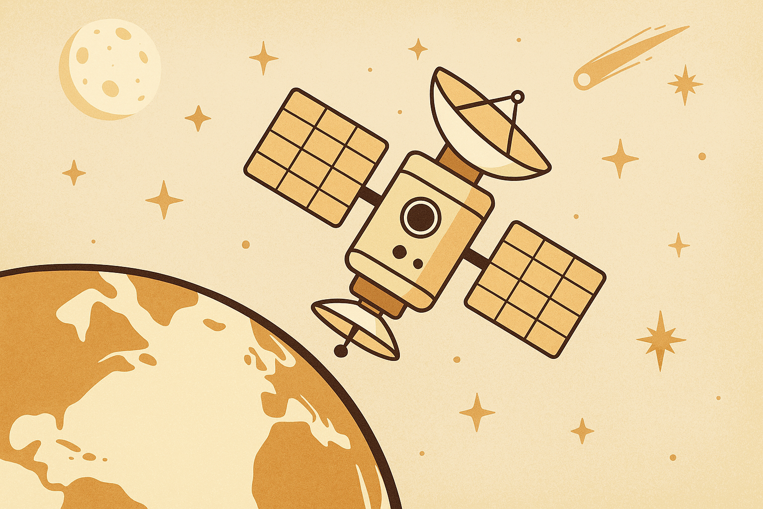 site institucional que não gera resultados, Ilustração digital em estilo flat de um satélite pairando acima da Terra com tons amarelados e marrons